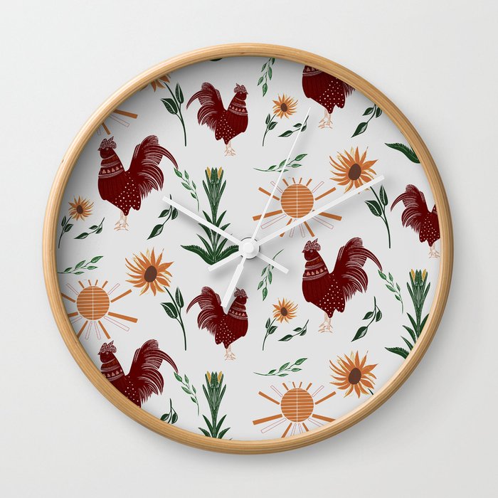 Folk art rooster pattern Wall Clock