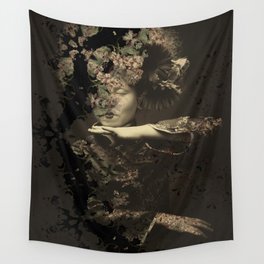 Asian bloom, surreal boho floral woman portrait Wall Tapestry
