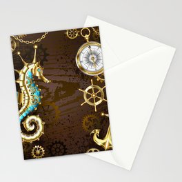 Wooden Background with Mechanical Seahorse ( Steampunk ) Stationery Card