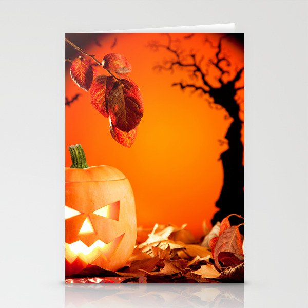 Halloween Orange Pumpkin on Autumn Leaves Stationery Cards