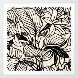 Geometric Floral Abstract Pattern in Black and White Cream Line Drawing Art Print
