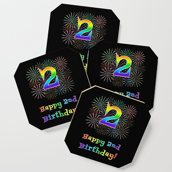 2nd Birthday - Fun Rainbow Spectrum Gradient Pattern Text, Bursting Fireworks Inspired Background Coaster