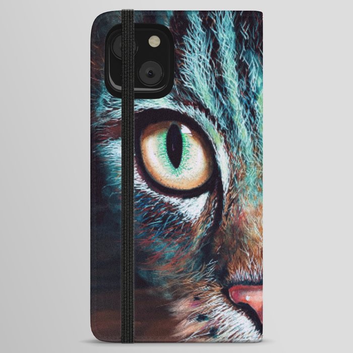 Colorful Turquoise Cat with Eyes iPhone Wallet Case