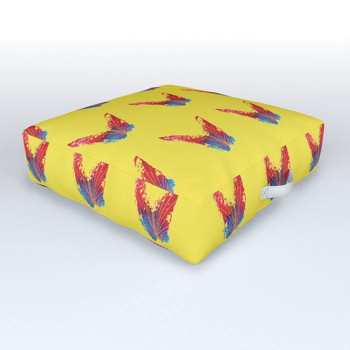 Abstract red and blue butterfly with fan and yellow background Outdoor Floor Cushion