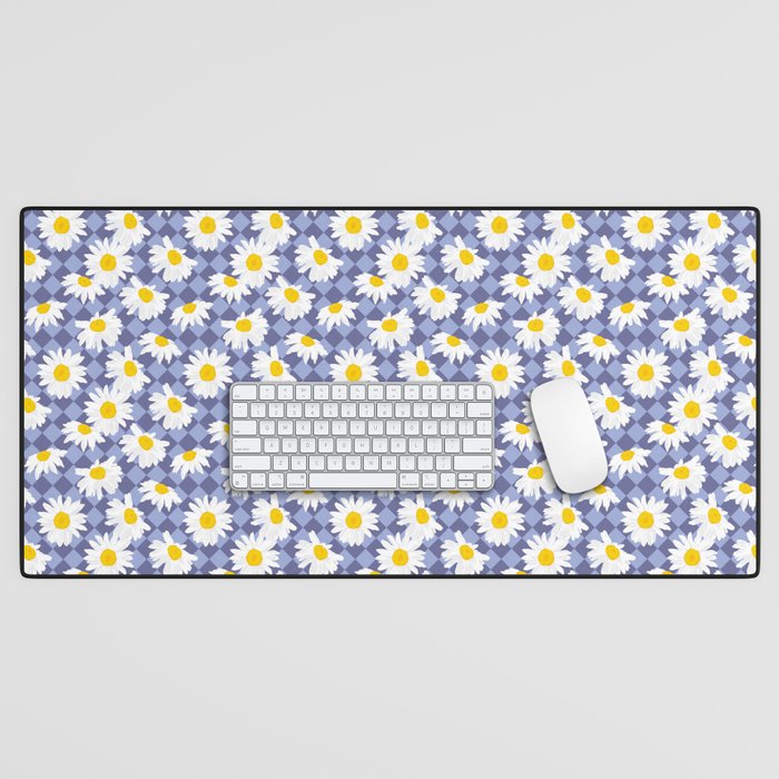 Blooming Daisies on Muted Veri Peri Tiles Background Desk Mat