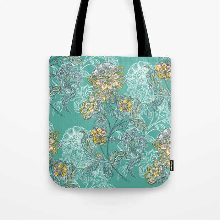 Jacobean Era Floral Style Sea Blue-Green Pattern Design Tote Bag