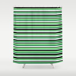 [ Thumbnail: Light Green, Sea Green, Mint Cream & Black Colored Pattern of Stripes Shower Curtain ]