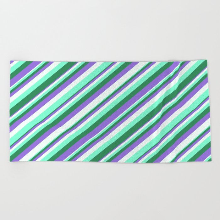 Purple, Mint Cream, Aquamarine & Sea Green Colored Striped Pattern Beach Towel