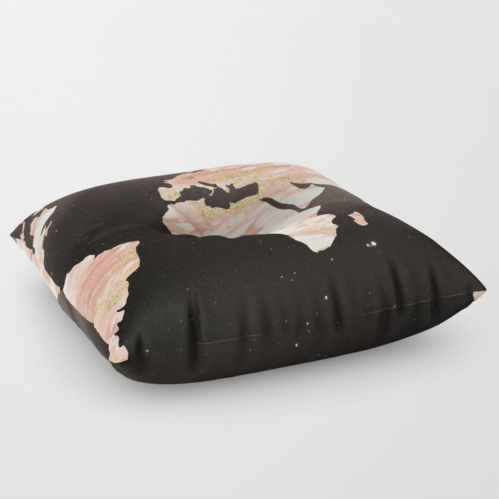 Earth Map Rose Gold Glitter Marble Space Floor Pillow