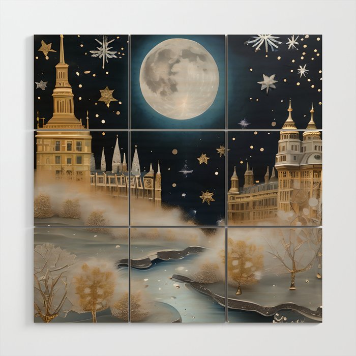 Christmas in London - Thames Winter Holiday Gold and Silver Art Wood Wall Art
