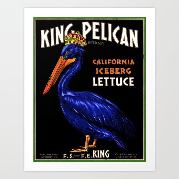 King Pelican blue brand California Iceberg Lettuce vintage label advertising poster / posters Art Print