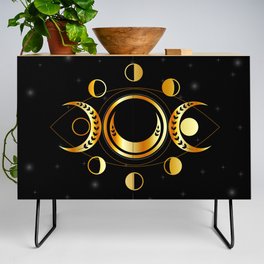 Triple moon goddess of fertility Wiccan and pagan symbol gold Credenza