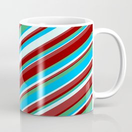 [ Thumbnail: Eyecatching Dark Red, Sea Green, Deep Sky Blue, Light Cyan & Brown Colored Lines/Stripes Pattern Coffee Mug ]