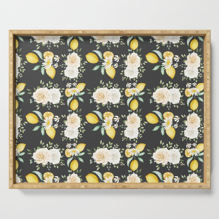 Lemons and White Flowers Pattern On Dark Grey Background Serving Tray