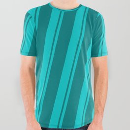 [ Thumbnail: Dark Turquoise & Teal Colored Striped/Lined Pattern All Over Graphic Tee ]