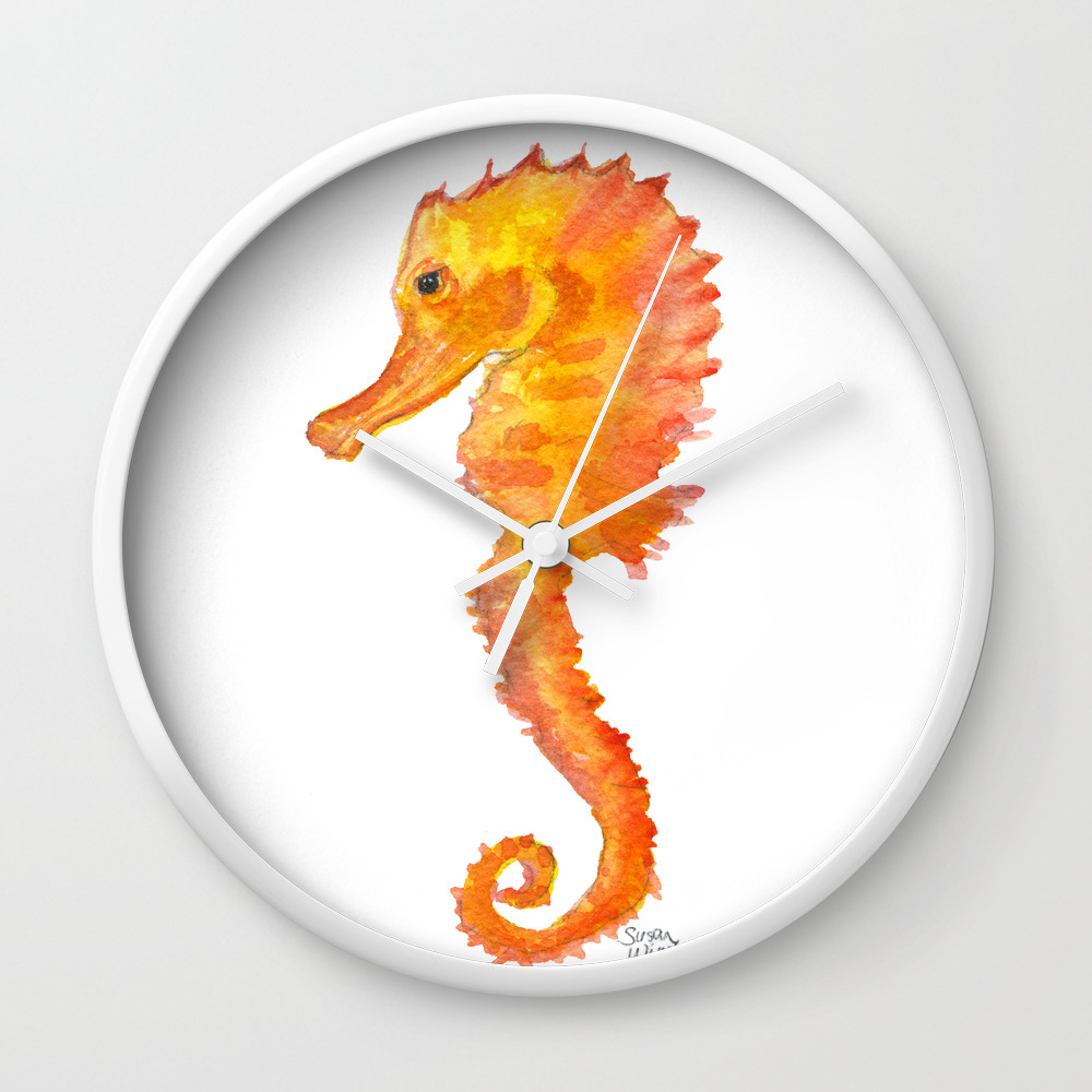 Seahorse Watercolor Painting Orange Ocean Animal Wall Clock By