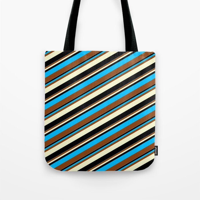 Deep Sky Blue, Brown, Light Yellow & Black Colored Lines Pattern Tote Bag