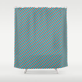 [ Thumbnail: Dark Turquoise, Dark Slate Gray, Bisque, Maroon & Light Sky Blue Colored Pattern of Stripes Shower Curtain ]