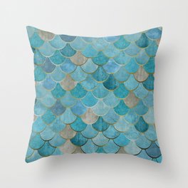Moroccan Fish Scale Mermaid Pattern, Teal Blue and Gold Throw Pillow