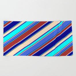 [ Thumbnail: Eye-catching Brown, Bisque, Royal Blue, Dark Blue & Cyan Colored Lined/Striped Pattern Beach Towel ]