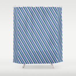 [ Thumbnail: Medium Slate Blue, Tan & Teal Colored Striped/Lined Pattern Shower Curtain ]