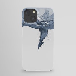 Hump Back Whale breaching in Stormy Seas with tiny boat - nautical themed illustration iPhone Case