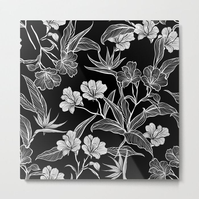 Black and White Floral Garden Metal Print