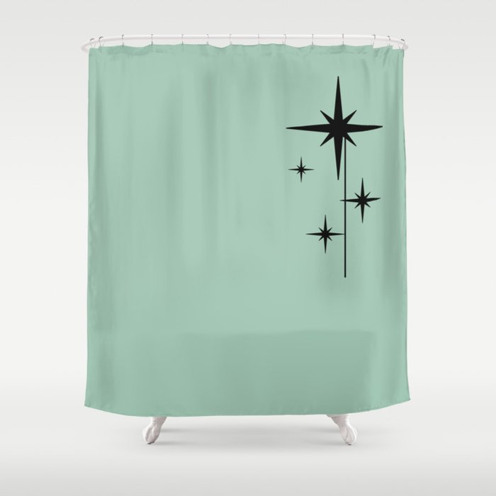 1950s Atomic Age Retro Starbursts in Aqua Mint and Black Shower Curtain