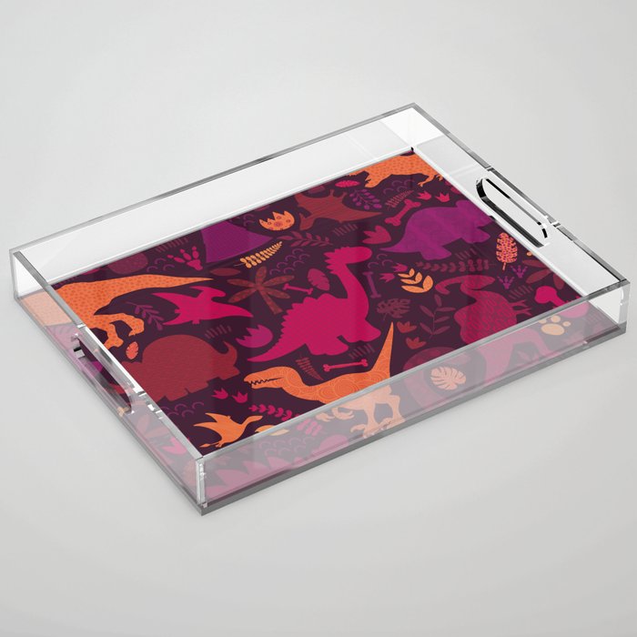 Dino Silhouette Doodle Pattern Red Acrylic Tray
