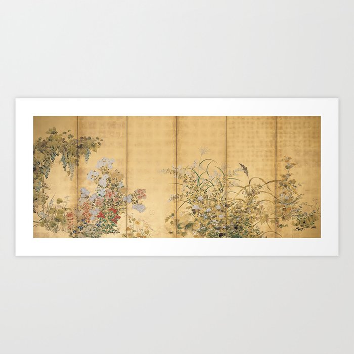 Japanese Edo Period Six-Panel Gold Leaf Screen - Spring and Autumn Flowers Art Print