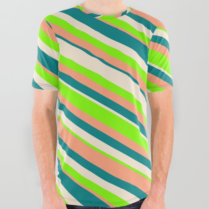 Beige, Chartreuse, Light Salmon, and Teal Colored Lines Pattern All Over Graphic Tee