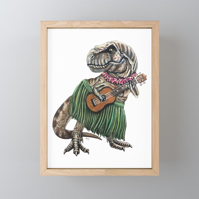 "Ukusaurus" - T-Rex Ukulele Player Framed Mini Art Print