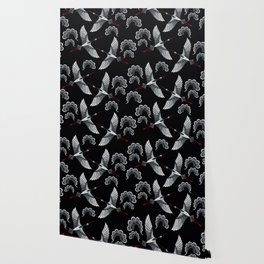 Japanese Ornate Heron Pattern Black & Silver White Wallpaper