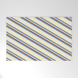 [ Thumbnail: Sienna, Cornflower Blue & Light Yellow Colored Striped/Lined Pattern Welcome Mat ]