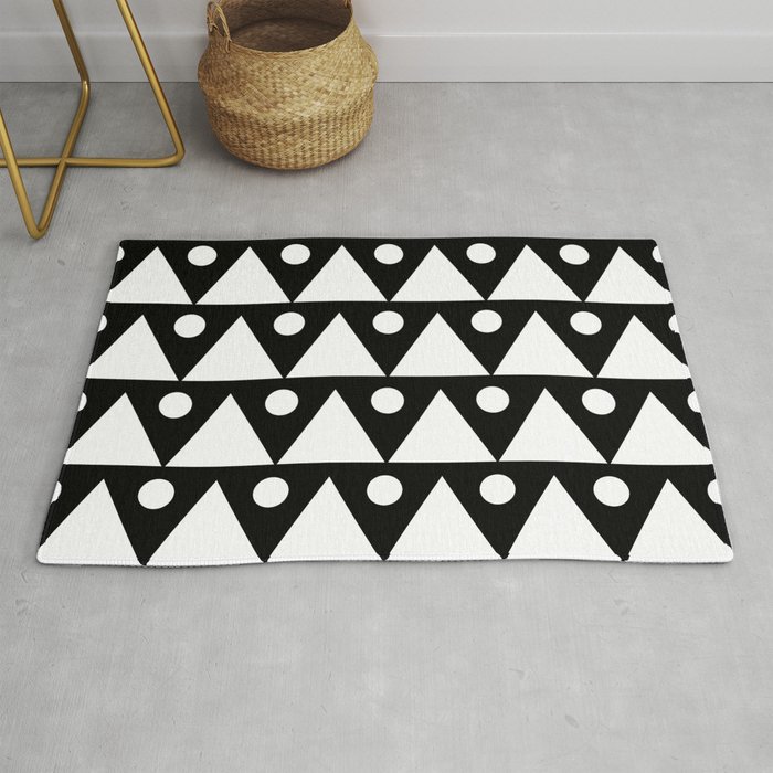 Dots & Triangles 2 - White & Black Abstract Repeat Vector Pattern Blackout Curtain Rug