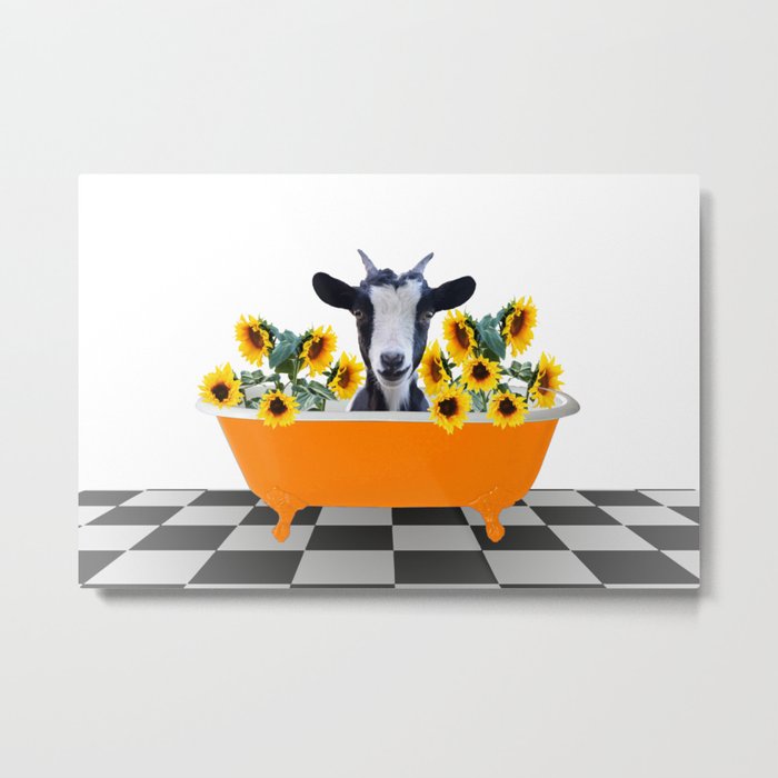 Sunflowers orange Bathtub - Goat #animals #goat Metal Print