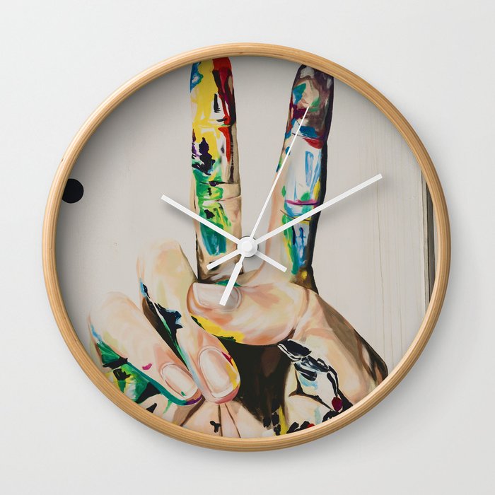 Peace, love, & happiness; peace sign with spalshed colorful painters palette paint portrait painting Wall Clock