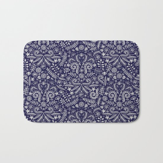 Chalkboard Floral Doodle Pattern in Navy & Cream Bath Mat
