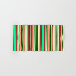 [ Thumbnail: Eye-catching Brown, Green, Beige, Dark Green & Light Salmon Colored Lined/Striped Pattern Hand & Bath Towel ]