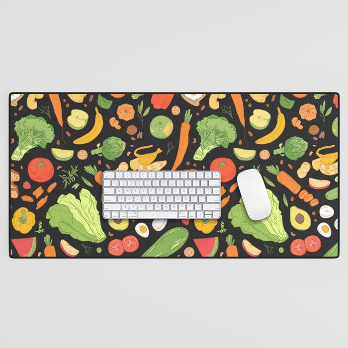 Seamless pattern with dietary food, wholesome grocery products, natural organic fruits, berries and vegetables on black background. Hand drawn realistic vintage illustration Desk Mat