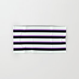 [ Thumbnail: Orchid, Dark Slate Blue, Black & Mint Cream Colored Lines/Stripes Pattern Hand & Bath Towel ]