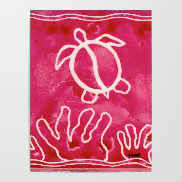 Honu Petroglyph with Coral - Pink Poster