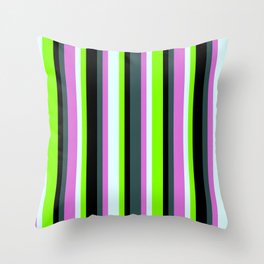 [ Thumbnail: Dark Slate Gray, Orchid, Light Cyan, Chartreuse & Black Colored Lines/Stripes Pattern Throw Pillow ]