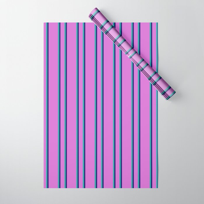 Orchid, Midnight Blue, and Light Sea Green Colored Striped Pattern Wrapping Paper
