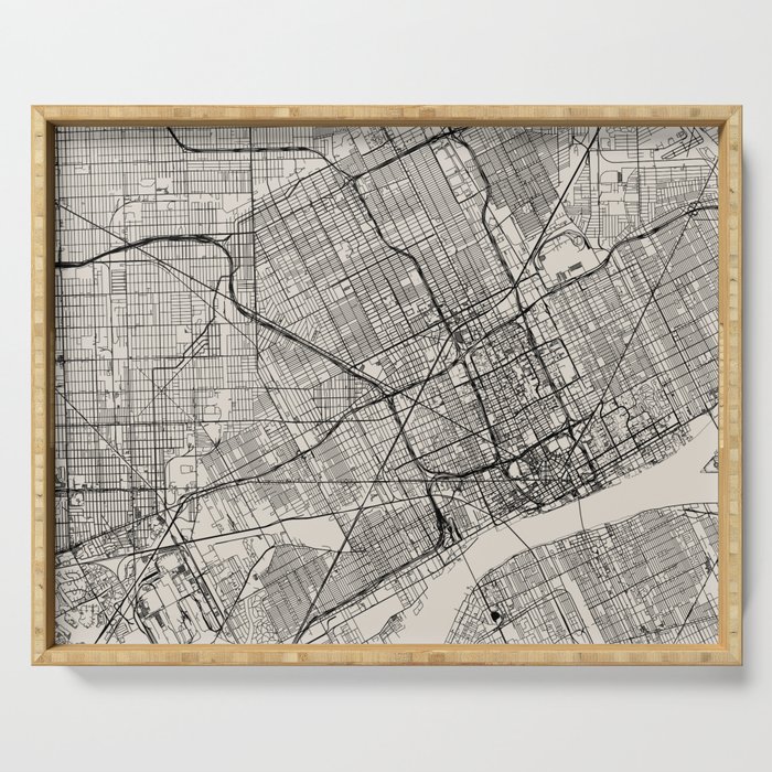 Detroit, Michigan - Black and White City Map - USA - Aesthetic Serving Tray