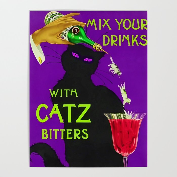 Mix Your Drinks with Catz (Cats) Bitters Aperitif Liquor Vintage Advertising Poster in purple