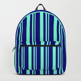 [ Thumbnail: Blue & Aquamarine Colored Lines/Stripes Pattern Backpack ]