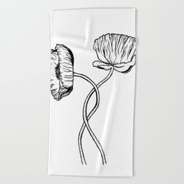 Two Hugging Poppies Black and White Ink  Beach Towel