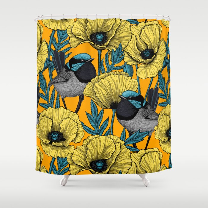 Fairy wren and poppies in yellow Shower Curtain