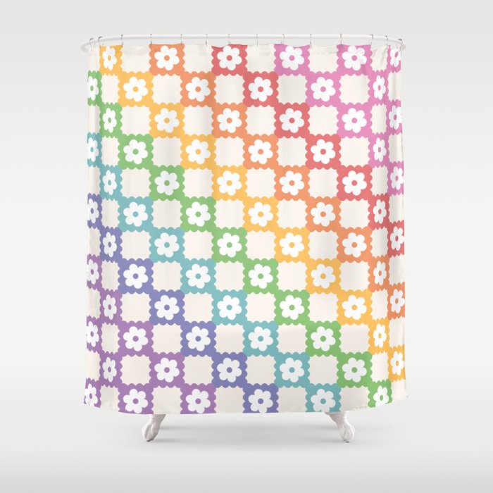 Rainbow Pride Colorful Checkered Flower Pattern Shower Curtain